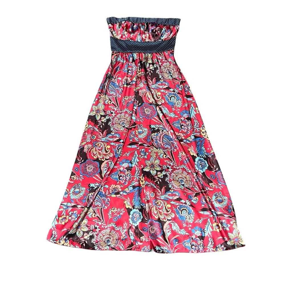 Vintage Forever 21 Blue Red Floral Strapless Maxi Satin Dress Size L Y2K Boho